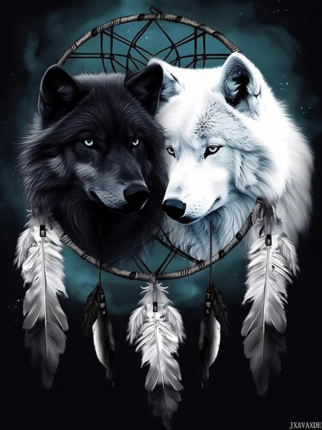 JXAVAXDE 5D Dream Catcher Diamond Painting Kits Black White Wolf in Dream Catcher for Adults, DIY Full Drill Crystal Arts and Crafts, Home Wall Decor Gifts 12x16 inch JXAVAXDE