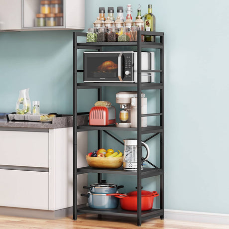 Denkee 5-Tier Bakers Rack for Kitchen with Storage, Industrial Microwave Stand Shelf, Coffee Bar for Small Spaces, Free Standing Kitchen Storage Shelf Rack, 23.62" L x 15.75" W x 60.24" H, Black Denkee