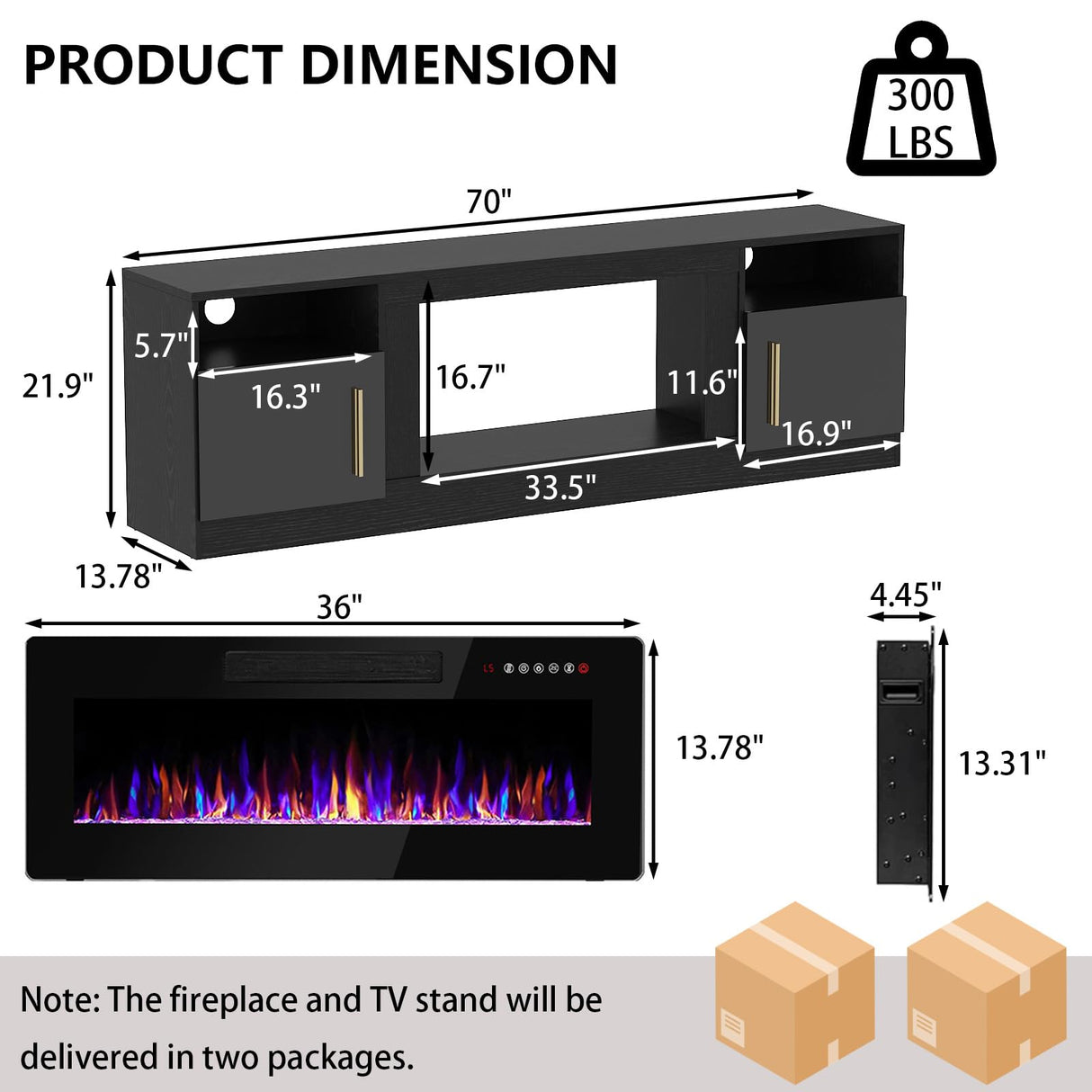 PRETZI Fireplace TV Stand with 36" Fireplace Up to 80" TVs,70" Entertainment Center with LED Lights,Remote Control,TV Media Console with Storage Cabinets for Living Room, Black PRETZI