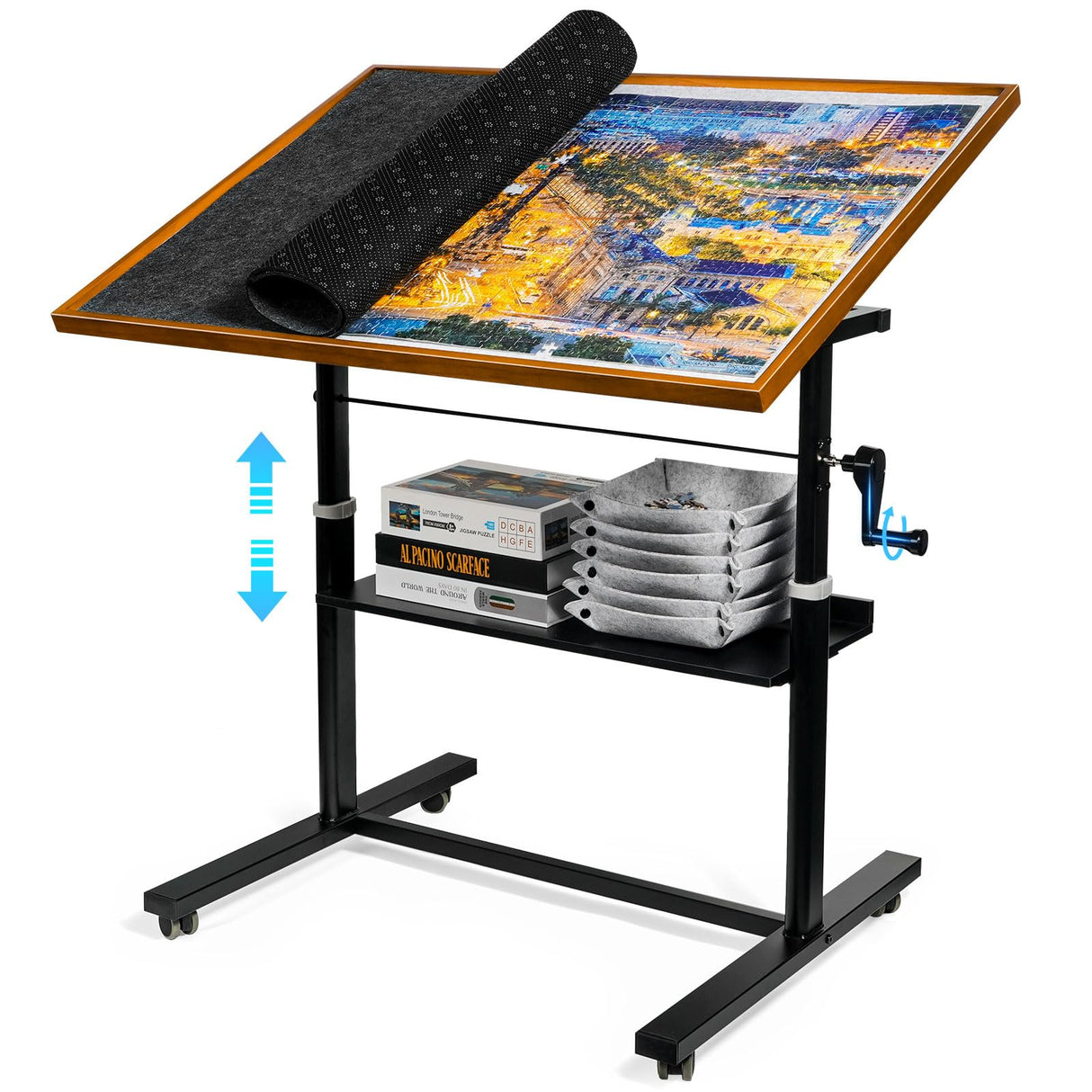 Sunix 1500 Pieces Jigsaw Puzzle Table with Legs, 36"x26" Adjustable Height Puzzle Board with Cover & 6 Sorter Tray, 12-Tilting-Angle Portable Wooden Puzzle Table for Adults, Enclosed with Wheels Sunix