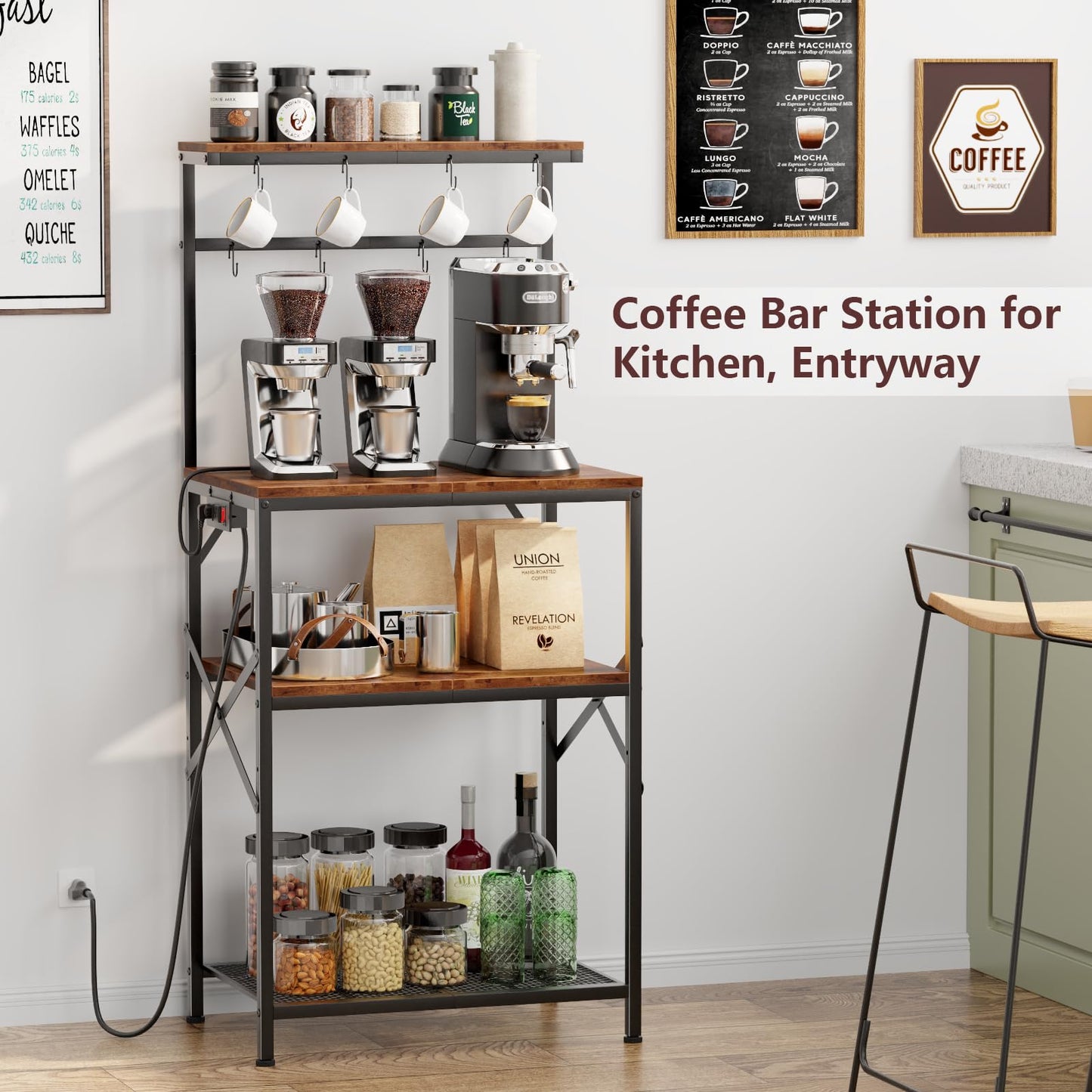 Kitchen Bakers Rack with Power Outlet, Small Microwave Stand with Adjustable Storage Shelves, Coffee Bar Table with 8 Hooks, 4 Tiers Kitchen Coffee Stand Station for Small Space, Rustic Brown