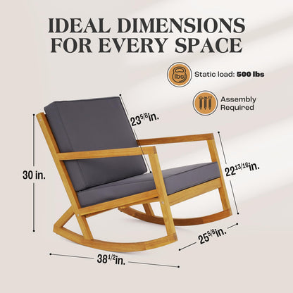 IDZO Premium Club Rocking Chair 500lbs Capacity with Inclined Backrest, Thick Foam, Solid Acacia Wood Rocker for Patio, Backyard, Balcony, Porch, 2 Cushions_Grey