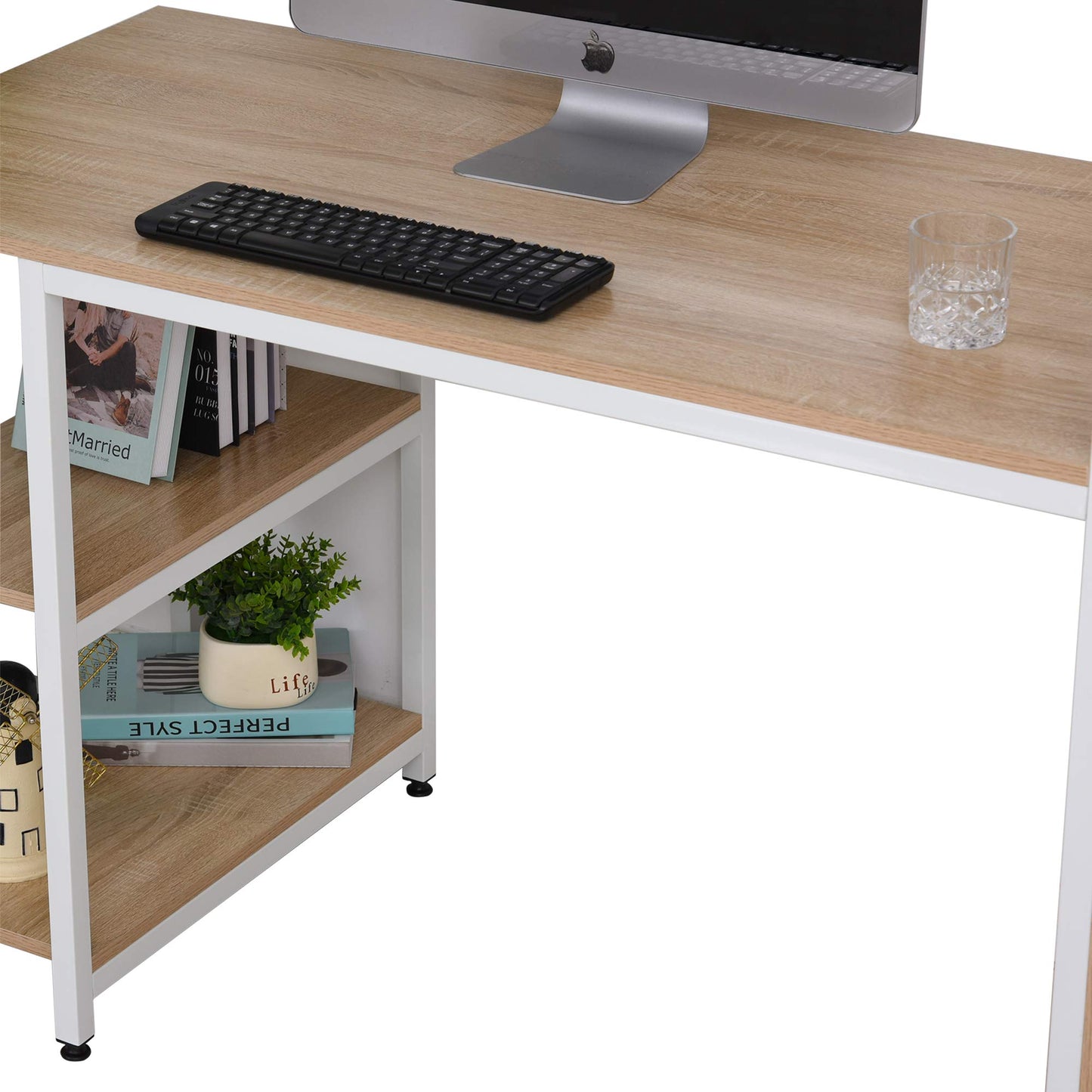 HOMCOM 68 Inch Modern Oak Wood Grain Office Desk with CPU Stand and Ample Storage Shelves - WoodArtSupply