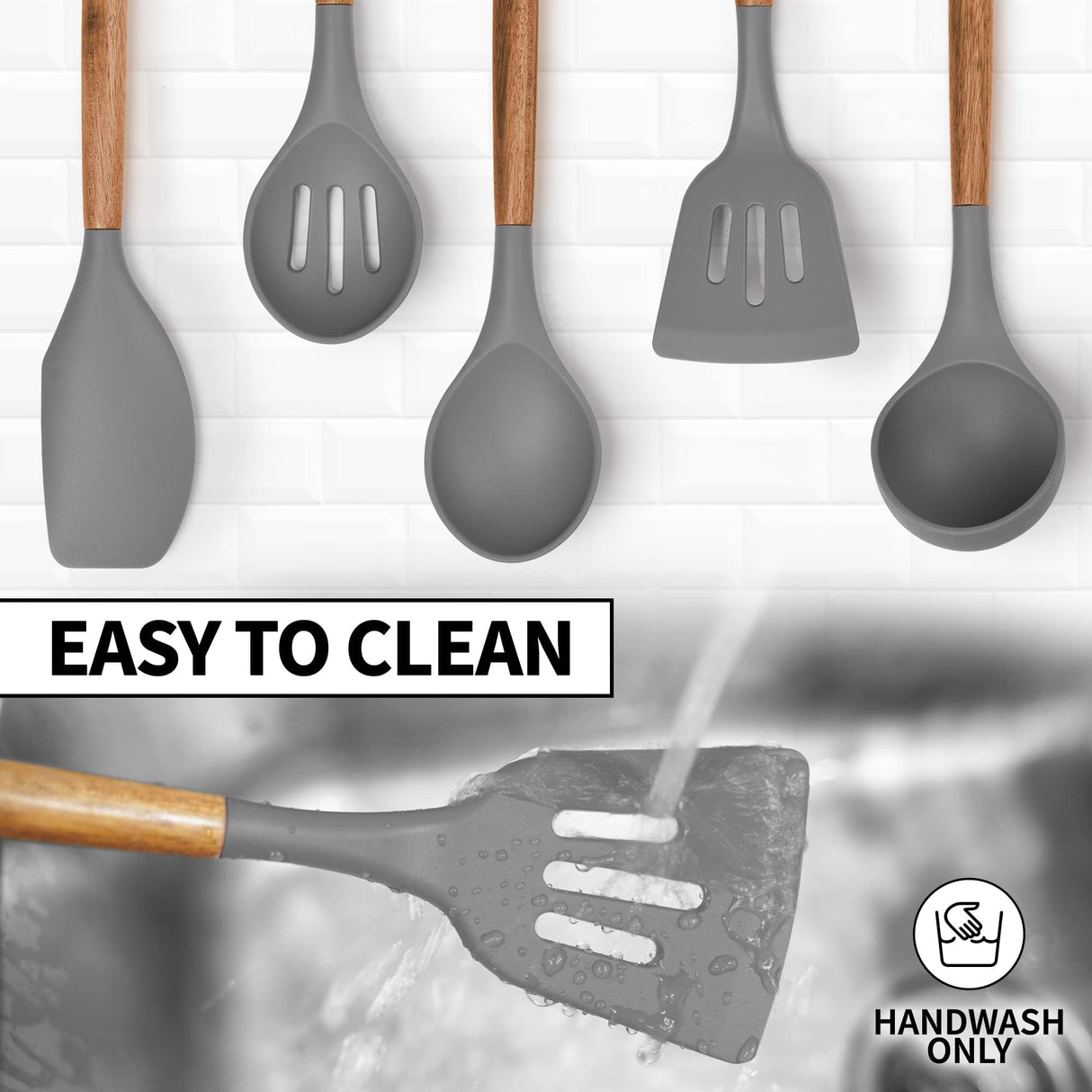 Zulay Kitchen Utensils Set Non-Stick Silicone Cooking Utensils Set with Authentic Acacia Wood Handles - 5 Piece Silicone Utensil Set - Silicone Kitchen Utensils Set with 464°F Heat Resistance - Gray Zulay Kitchen