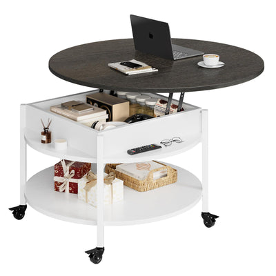 FABATO Round Lift Top Coffee Table with Wheels, Circle Center Table with Storage and Compartment, 26.77’’ Rolling Coffee Table for Living Room, 2 Tier Small Coffee Table Circle Dining Table, White