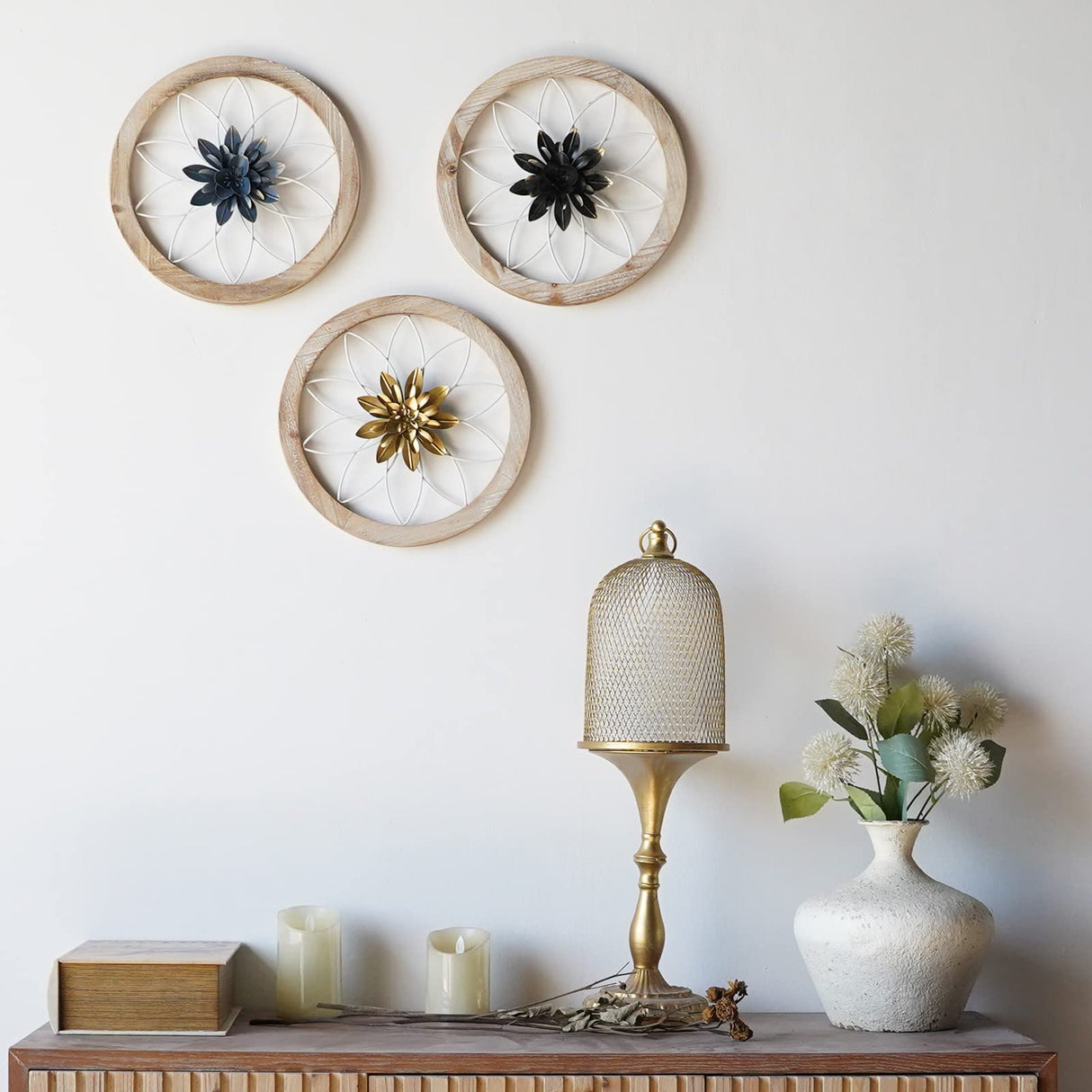 Paquesta 3 Piece Round Farmhouse Wall Decor with 6 Piece Interchangeable Flowers 12'' Medallion Wood & Metal Rustic Wall Art for Living Room Bedroom Kitchen Bathroom Dining Room Home Decorations Paquesta
