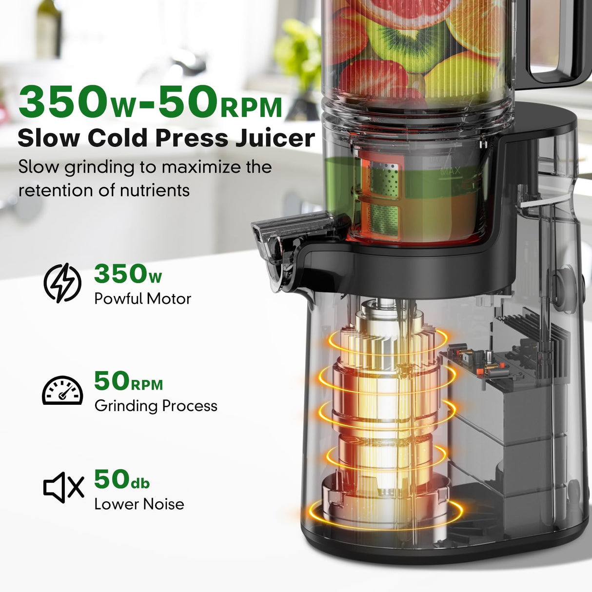 Cold Press Juicer, Masticating Juicer with 5.4" Wide Feed Chute, 350w Slow Juicer Machines Fit Whole Vegetables and Fruits,Juice Extractor Machine with High Juice Yield, Easy to Clean(Black) LQZ