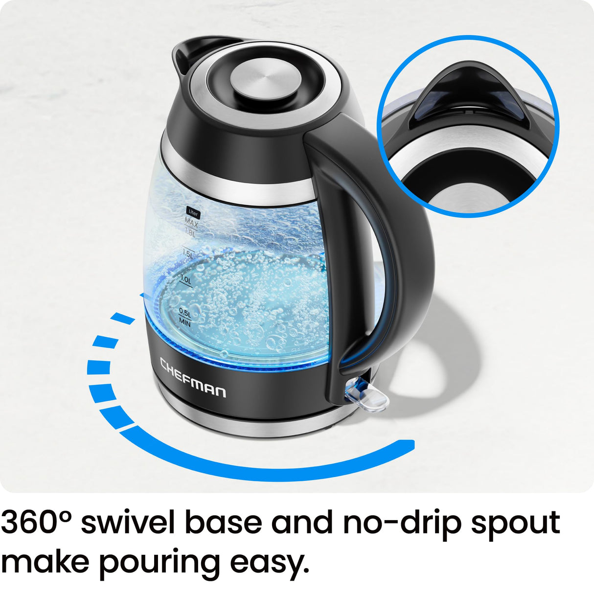 Chefman Electric Kettle, 1.8L 1500W, Hot Water Boiler, Removable Lid for Easy Cleaning, Auto Shut Off, Boil-Dry Protection, Stainless Steel Filter, BPA Free, Borosilicate Glass Electric Tea Kettle Chefman