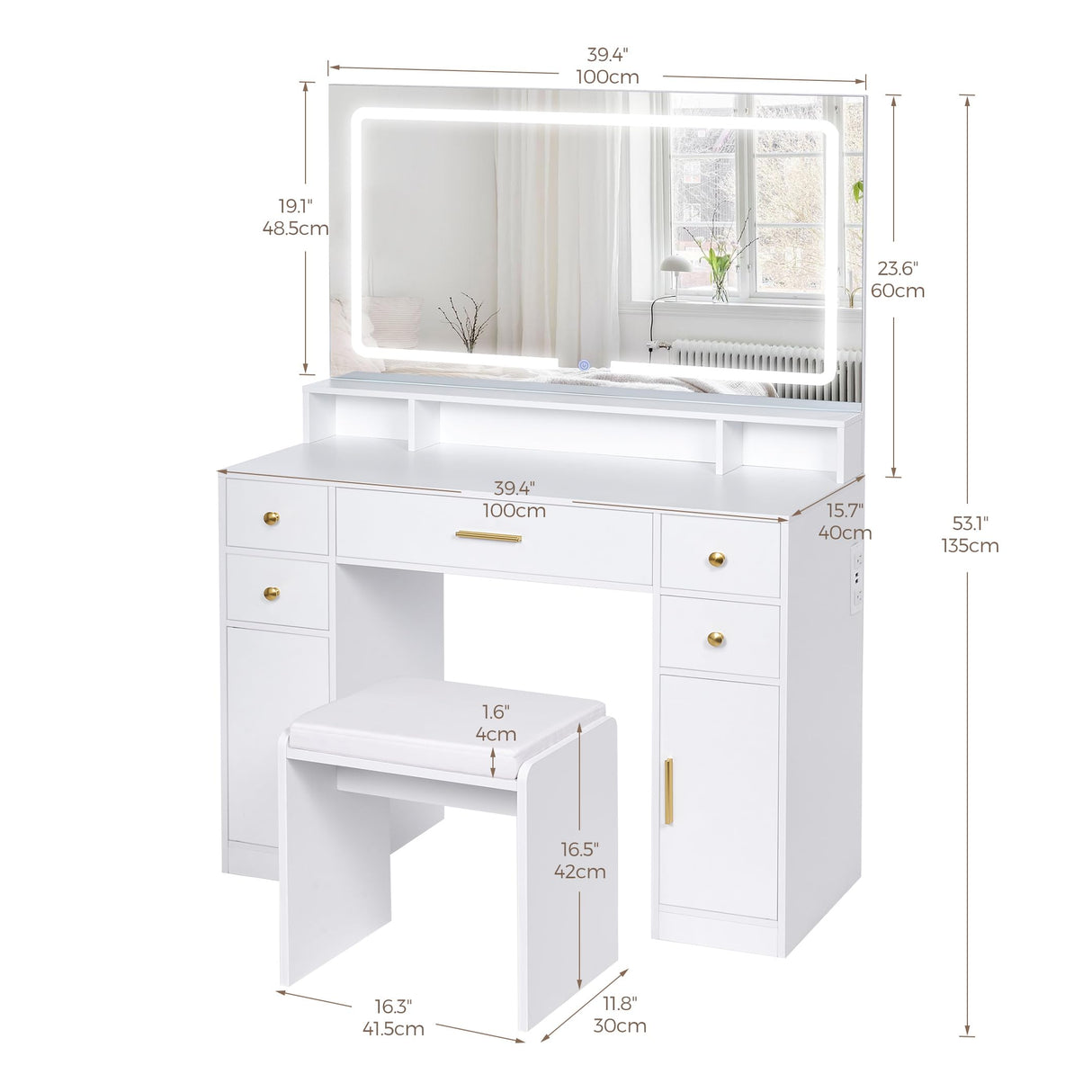 ANWBROAD Vanity Desk Set with Large LED Lighted Mirror Power Outlet Makeup Vanity Table 3 Color Lighting Modes Dressing Table with 5 Drawers and 2 Cabinets Cushioned Stool for Bedroom, White UBDT57W ANWBROAD