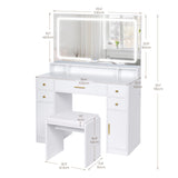 ANWBROAD Vanity Desk Set with Large LED Lighted Mirror Power Outlet Makeup Vanity Table 3 Color Lighting Modes Dressing Table with 5 Drawers and 2 Cabinets Cushioned Stool for Bedroom, White UBDT57W ANWBROAD