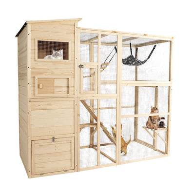 QUYZE Catio Outdoor Cat Enclosure, Large Outdoor Cat House for Mulitiple Cats, 4 Tiers Walk in Catio for Cats Outdoor Patio, 4 Tiers Cat Houses with Weatherproof Roof, Hanging Hammock, Bridge