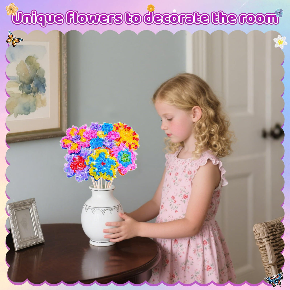 Poke Art Flower Bouquet Craft Kit - DIY Creative Activity Toy with 8 Flowers & 2 Butterflies, Wooden Arts and Crafts for Kids Ages 4 5 6 7 8+, DIY Creative Christmas Gift Kit for Girls Ages 4-12 GFLLFG