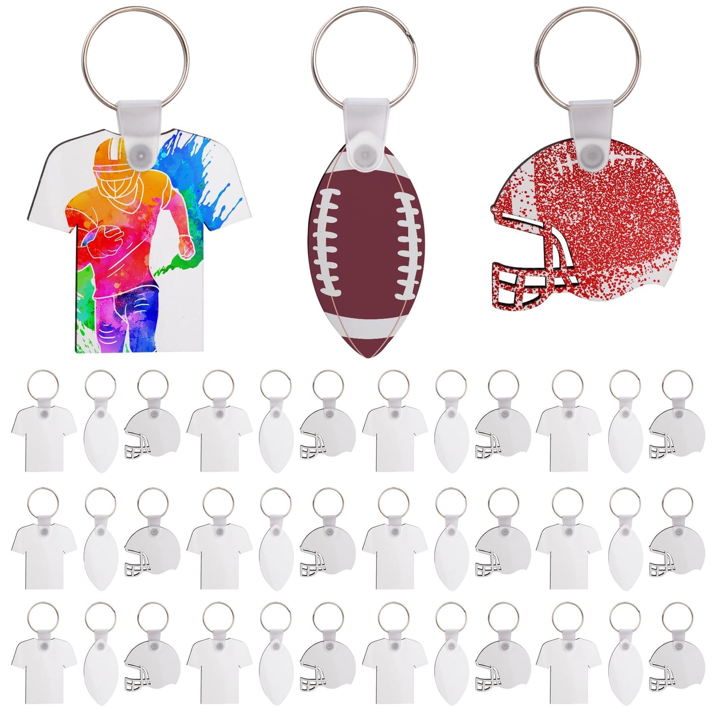 Framendino, 36 Pack 3 Styles Sublimation Keychain Blanks MDF Double Sided Heat Transfer Keychain Rugby Key Chains Bulk for DIY Craft