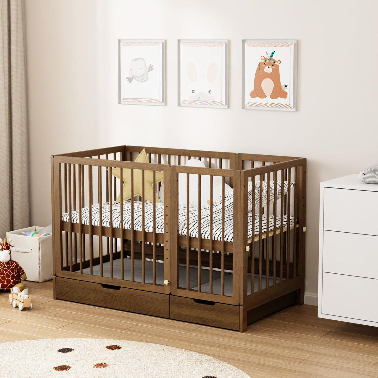 JOYMOR 8-in-1 Convertible Crib with Drawer, Include 2" Mattress, Convert from Mini Crib, Mid Crib to Full Crib, 8 Height Adjustable, Undercrib Storage Drawers (Honey Wood) JOYMOR