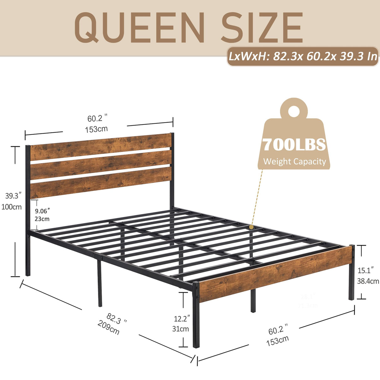 VECELO Rustic Queen Size Bed Frame with Wooden Headboard and Sturdy Slat Support VECELO