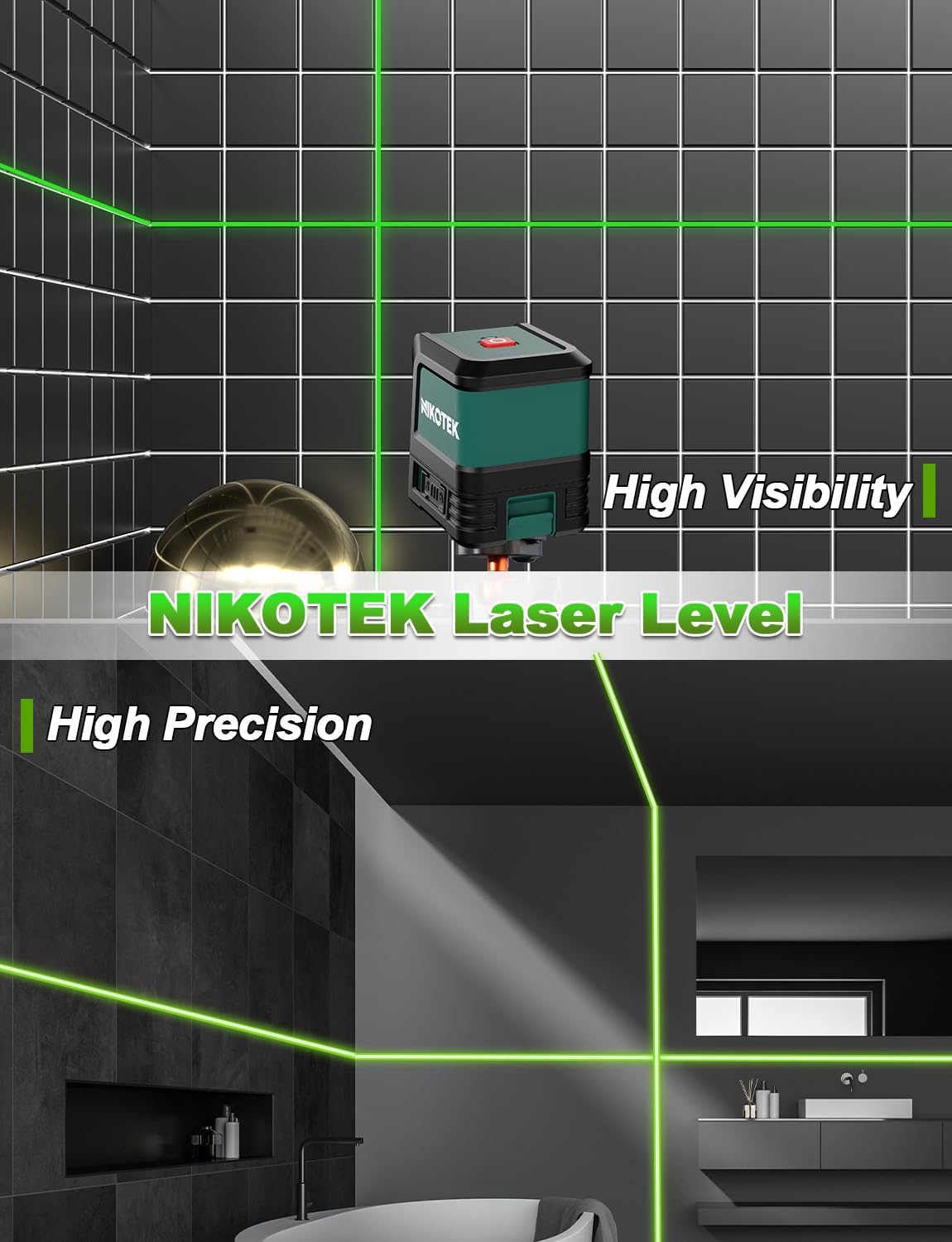 Nikotek Laser Level, Self-leveling Green Line Laser With Horizontal and Vertical Lines for Construction and Picture Hanging, Battery Included Nikotek