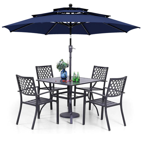 PHI VILLA Patio Dining Set 6 Piece with 4 Metal Outdoor Stackable Chairs, 1 Square Metal Table and 10ft 3 Tier Umbrella(Navy Blue), Outdoor Table Furniture Set for Patio, Deck, Poolside PHI VILLA