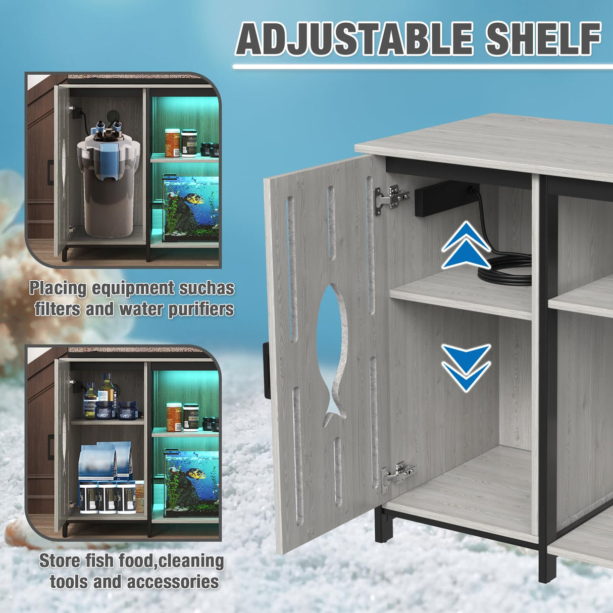 PAPIHO 40-50 Gallon Aquarium Stand,Fish Tank Stand with Cabinet Storage,Power Outlets & LED Light,Heavy Duty Metal Frame Aquarium Stand for Turtle Tank,Reptile Terrarium,800LBS Capacity,Grey PAPIHO