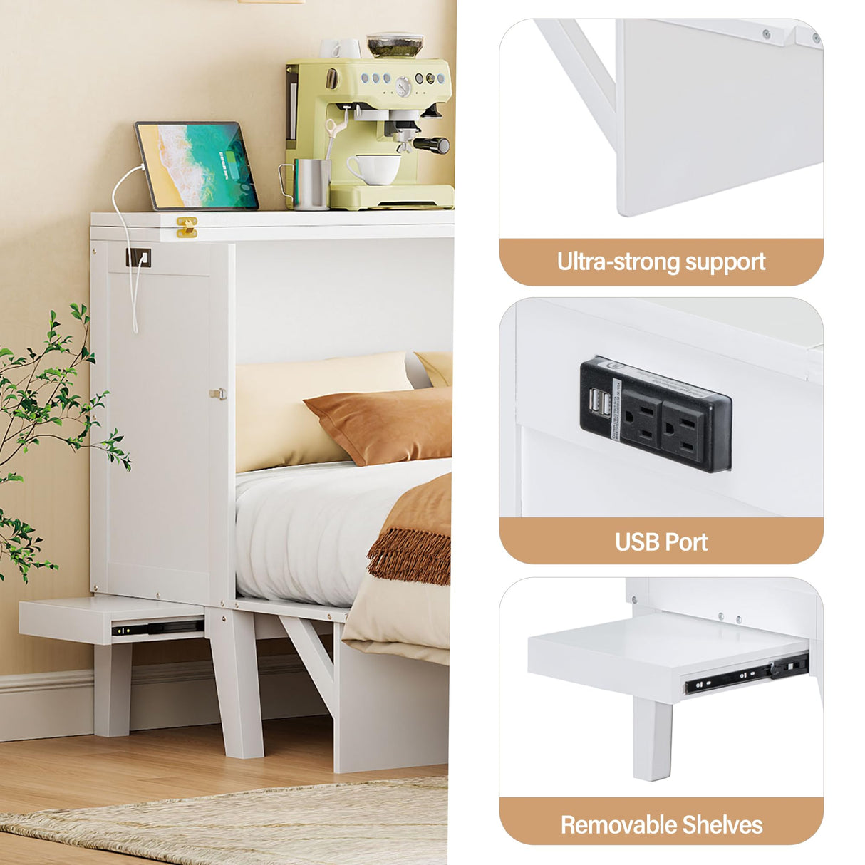 Merax Queen Murphy Bed with USB Port, Queen Murphy Cabinet, Space Saving, Solid Wood, White Merax