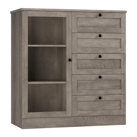 HOSTACK 5 Drawer Dresser with Door, Storage Cabinet with Drawers and Shelves, Wide Wood Dresser, Modern Chest of Drawers Organizers for Living Room, Kitchen, Hallway HOSTACK