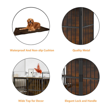 ROOMTEC Furniture Style Large Dog Crate with 360° & Adjustable Raised Feeder for Dogs 2 Stainless Steel Bowls -End Table House Pad, Indoor Use,41" L X 24" W 36" H, Classic Brown ROOMTEC