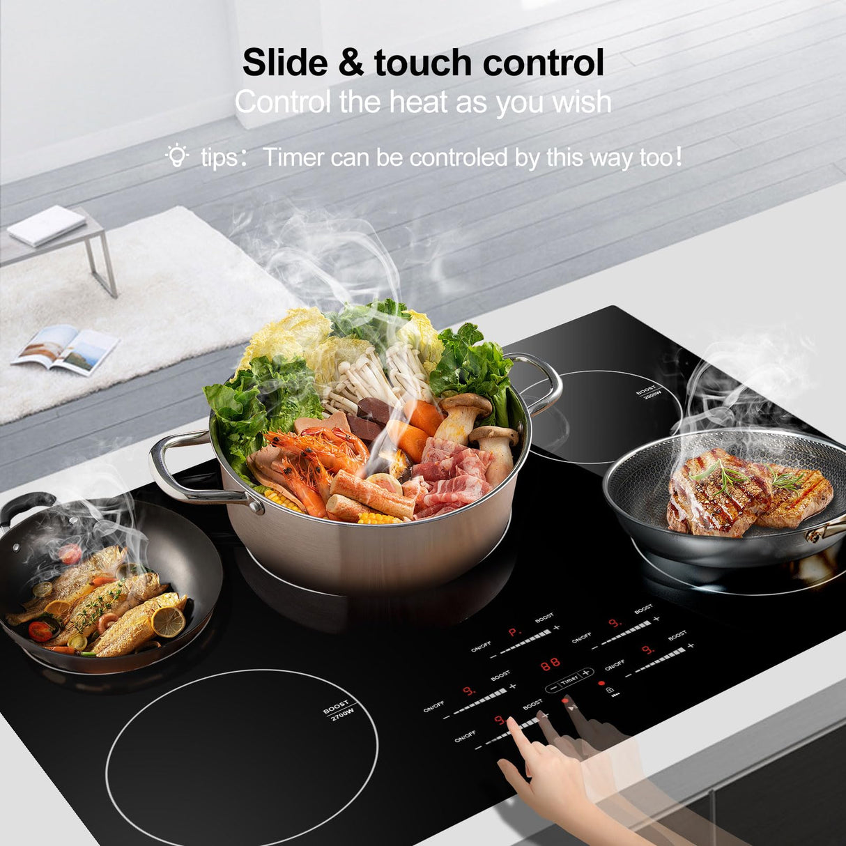 30 Inch10600W Induction Cooktop,AMZCHEF 9 Levels Electric Cooktop with 5 BOOST Burners,Bulid-in Induction Cooktop Control by Slide Touchscreen,Child Safety Lock,Independent Timer,No plug,240V amzchef