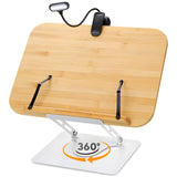 Book Stand for Reading Large Book Holder with 360° Rotating Base, 15.4"x11" Cookbook Stand Desktop Holder with Book Light, Foldable Desktop Stand for Textbook, Recipe, Laptop, Sheet Music FLINKYE