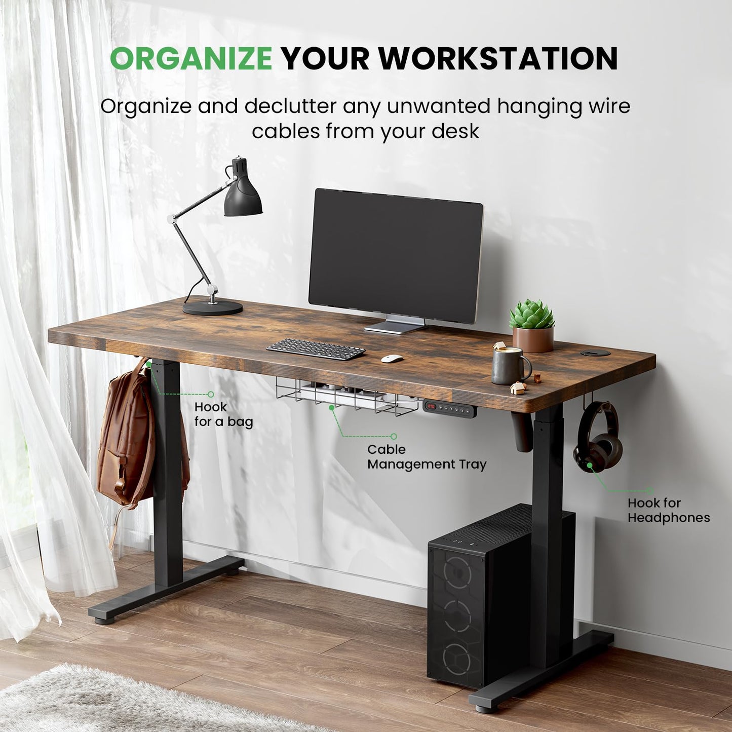 SIAGO Electric Standing Desk Adjustable - 55 x 24 Inch Sit Stand up Desk with Cable Management - 3 Memory Preset Adjustable Height Desk Computer Home Office Desk - WoodArtSupply