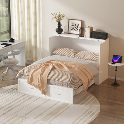 FUFU&GAGA Full Size Murphy Bed with Charging Station & Storage, Cabinet Bed Frame with Drawer, Folding Space Saving Murphy Beds Chest for Bedroom Guest Room Office, White, 76.4”L x 56.2”W x 40.9”H