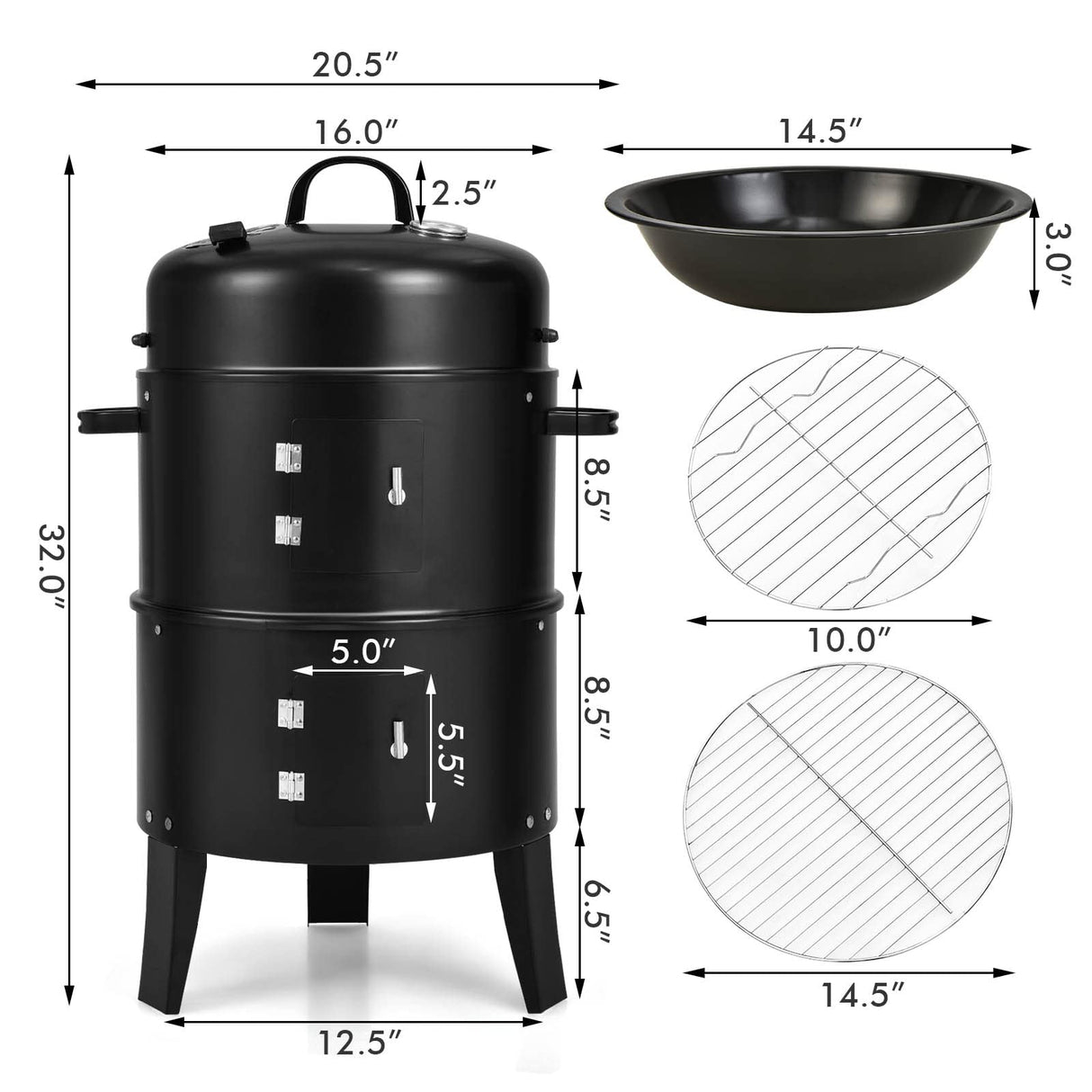 Giantex 3-in-1 Charcoal BBQ Smoker, Outdoor Grill Cooker with Built-in Thermometer and 6 Hooks for Outdoor Backyard Cooking Grilling Camping Giantex