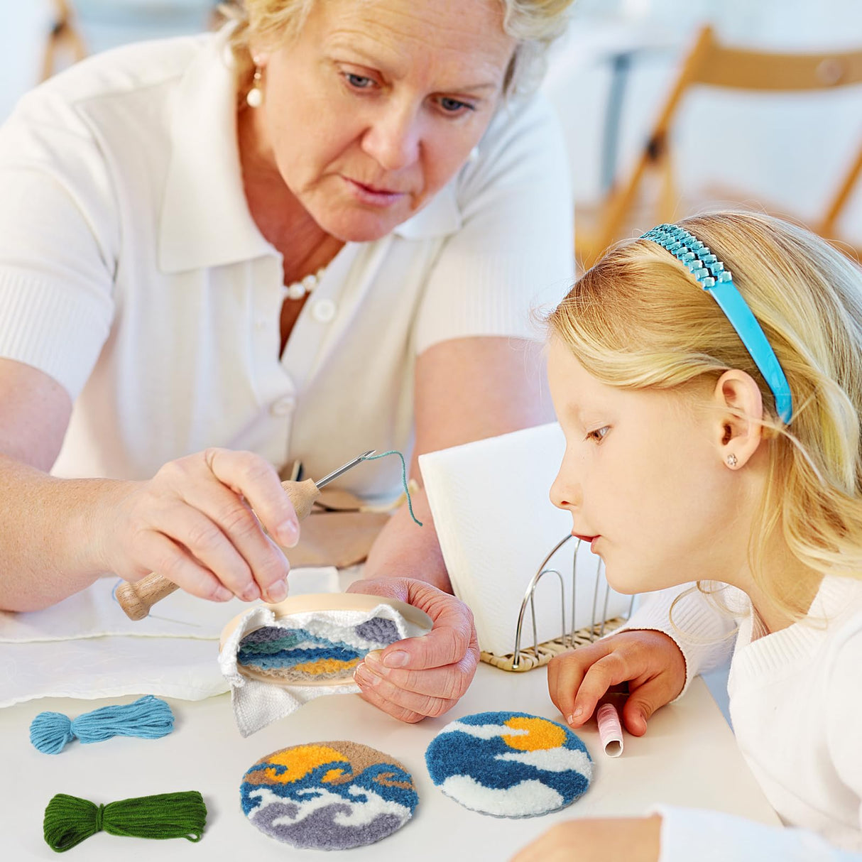 iienjoy Punch Needle Coasters Kit for Beginners Adults, 6 Pattern Embroidery Punch Needle Kits, Easy Tufted Rug Punch Decoration DIY Kit with Patterns, Tools, Yarns, Hoop, Instruction iienjoy