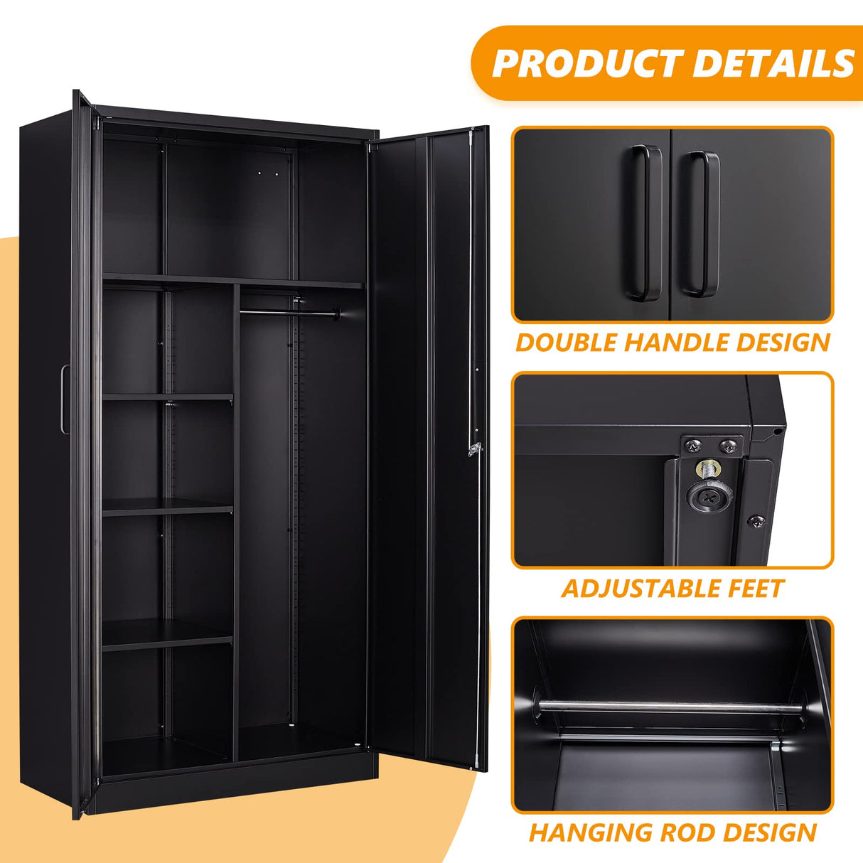 STANI Metal Storage Cabinet, 72" Locking Metal Storage Cabinet with Shelves and Hanging Rod, Metal Cabinet with 2 Doors and Lock for Home, Garage, Office (Black) STANI