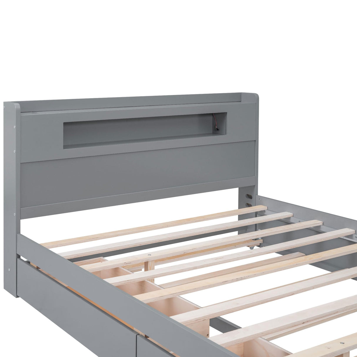 Merax Queen Size Wood Captain Platform Bed Frame with Storage LED Headboard,2 Drawers and 1 Twin Size Trundle,Grey Merax