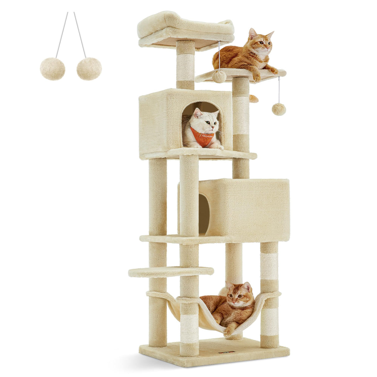 Feandrea Cat Tree, 61-Inch Cat Tower for Indoor Cats, Plush Multi-Level Cat Condo with 5 Scratching Posts, 2 Perches, 2 Caves, Hammock, 2 Pompoms, Beige UPCT192M01 Feandrea