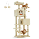 Feandrea Cat Tree, 61-Inch Cat Tower for Indoor Cats, Plush Multi-Level Cat Condo with 5 Scratching Posts, 2 Perches, 2 Caves, Hammock, 2 Pompoms, Beige UPCT192M01 Feandrea