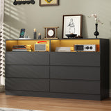 STIKELY 6 Drawer Dresser for Bedroom with Power Outlet, Black Dressers with LED Light, Dresser Chest of Drawers for Closet,Wooden Dressers Organizer Cabinet for Living Room,Entryway, Hallway STIKELY