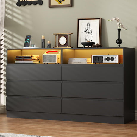 STIKELY 6 Drawer Dresser for Bedroom with Power Outlet, Black Dressers with LED Light, Dresser Chest of Drawers for Closet,Wooden Dressers Organizer Cabinet for Living Room,Entryway, Hallway STIKELY