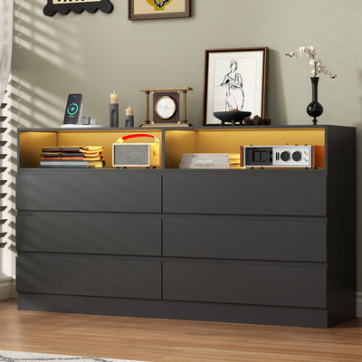 STIKELY 6 Drawer Dresser for Bedroom with Power Outlet, Black Dressers with LED Light, Dresser Chest of Drawers for Closet,Wooden Dressers Organizer Cabinet for Living Room,Entryway, Hallway