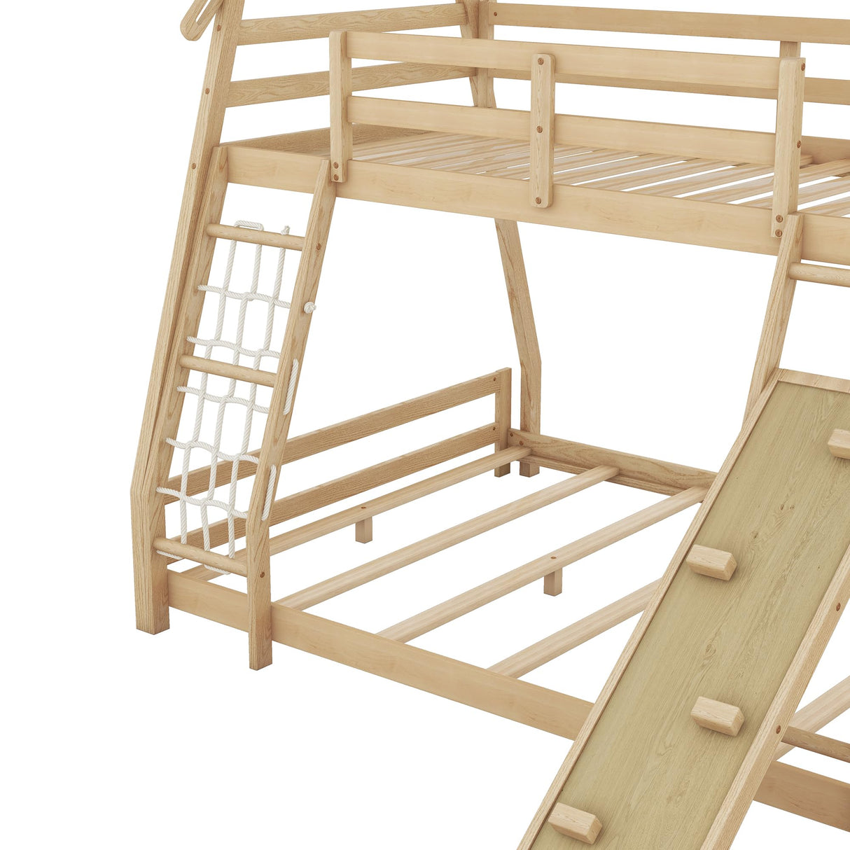 Merax Twin Over Queen Solid Wood Bunk Bed with Climbing Ramp and Nets for Kids and Teens - Natural Finish Merax