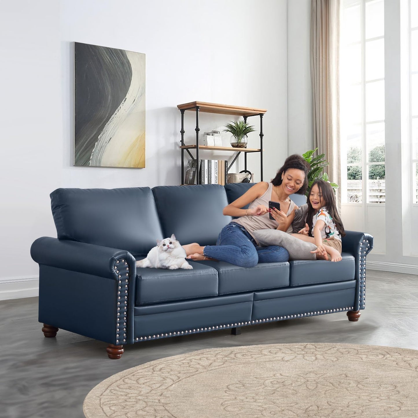 JEEOHEY Faux Leather Sofa Couch,82" Mid Century Modern Couch with Storage Place,Oversized 3 Seater Sofa with Nailhead Trim&Rolled Arm,Deep Seat Comfy Couch for Living Room,Apartment,Office(Navy Blue)