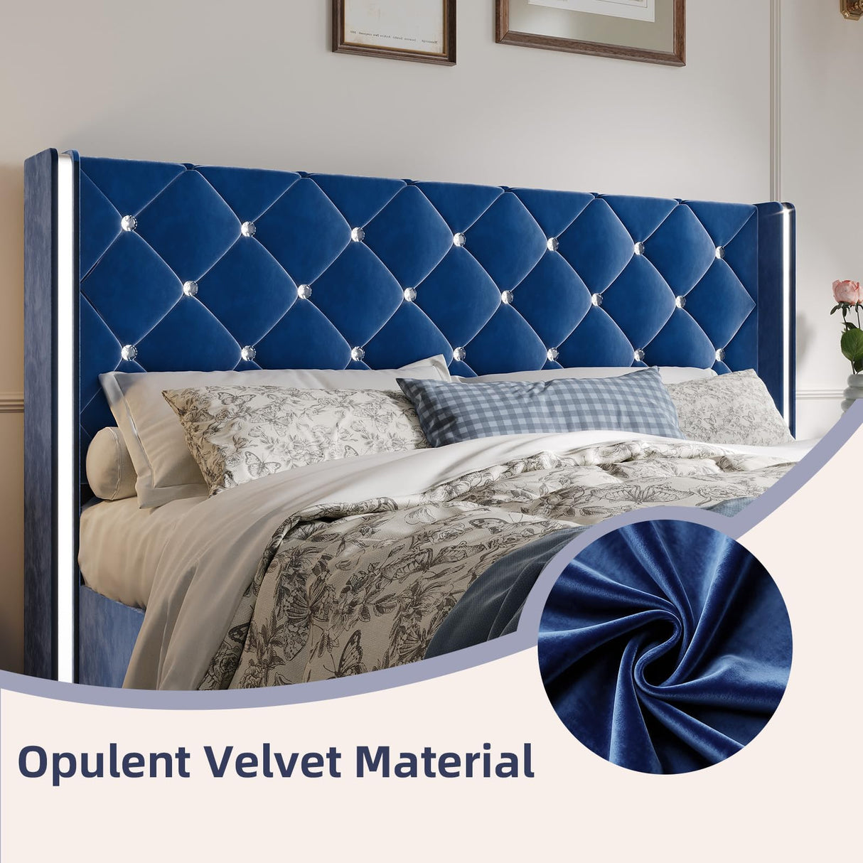 HOMBCK Twin Bed Frames, Upholstered Platform Bed with Diamond Tufted Headboard, Modern Velvet Bed Frame with Wingback Design, No Box Spring Needed, Easy Assembly, Blue HOMBCK