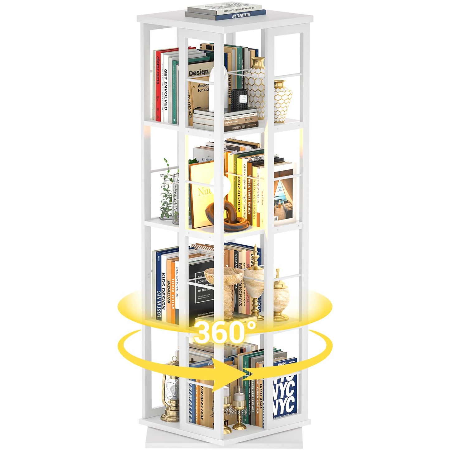 Besiost 360° Rotating Corner Bookshelf – Compact White 4-Tier Storage Rack for Small Spaces - WoodArtSupply