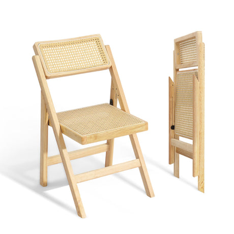 VINGLI Rattan Dining Chair, Wood Folding Chair with 360° Swivel Backrest, Rubberwood Frame and Rattan Woven Seat and Back, Natural Color, Set of 2 VINGLI
