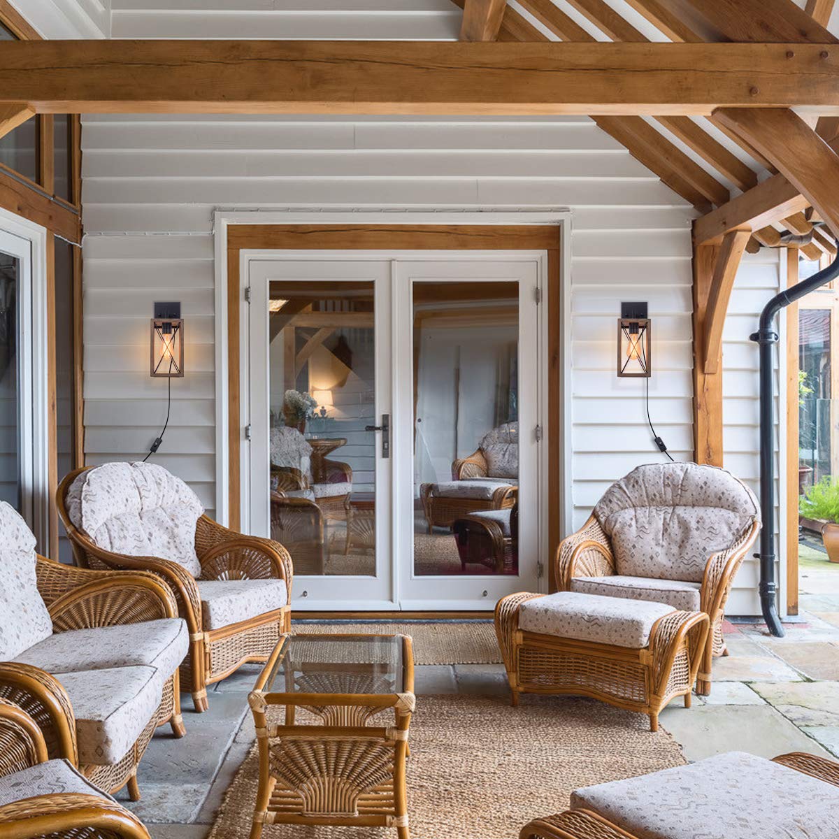 VILUXY Wood Wall Sconces Retro Industrial Rectangle Bedside Wall Sconce Plug-in Cord with Switch Lighting Fixture Black Wall Lamp for Bedroom, Hallway, Entryway, Passway, Dining Room 2 Pack VILUXY