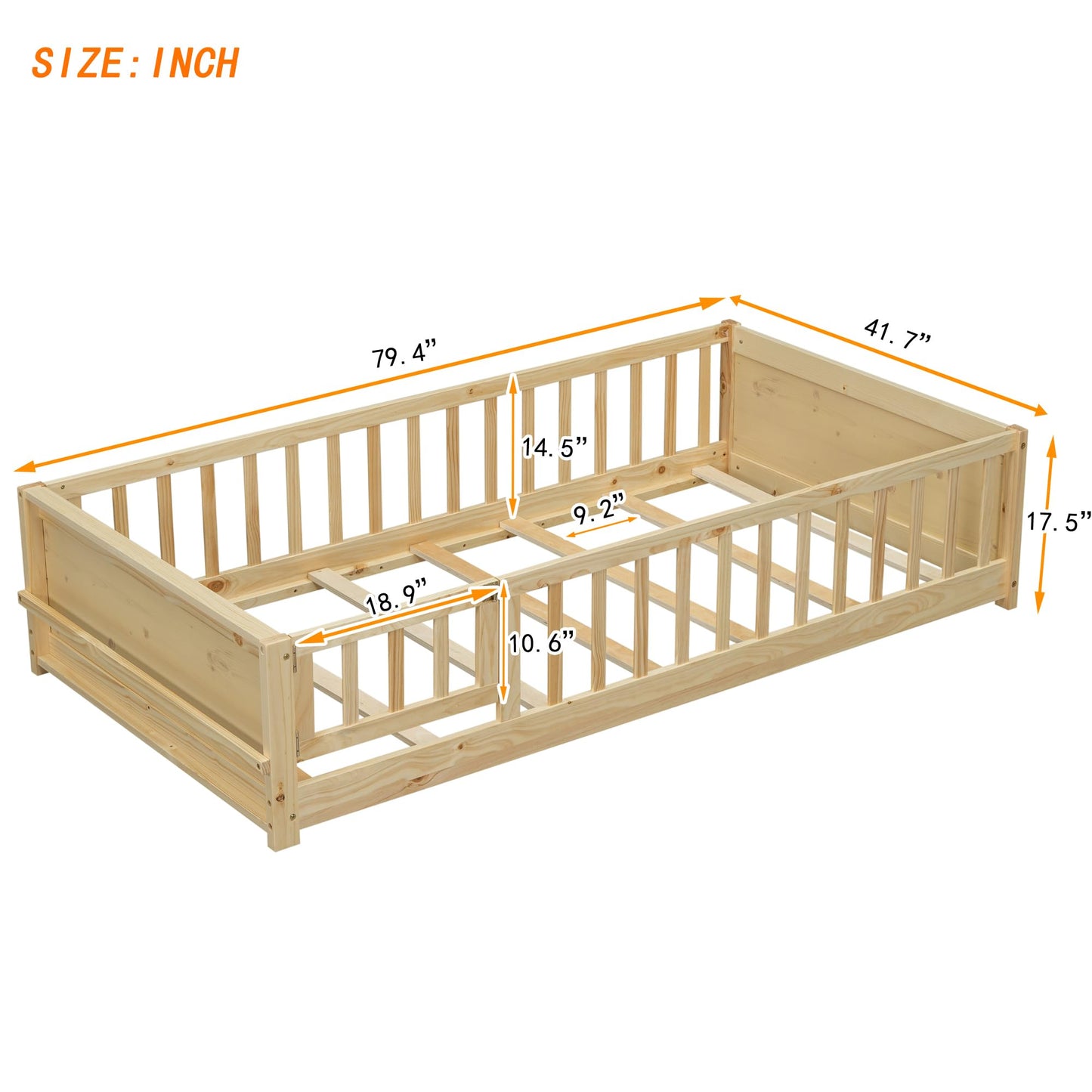 Mirightone Twin Size Montessori Floor Bed with Rails and Storage Bookcase in Natural - WoodArtSupply