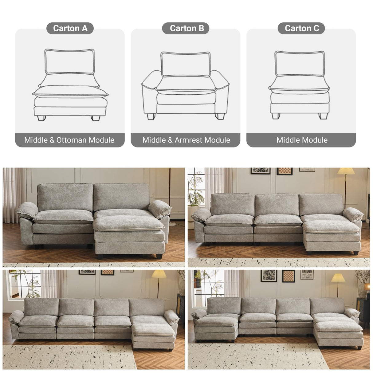 VINGLI 122" Cloud Double-Layer Deep Convertible Sectional Sofa, Comfy L-Shape 3-Seat Couches for Living Room, Modern Couch with Movable Ottoman for Small Space, Light Grey, Chenille VINGLI