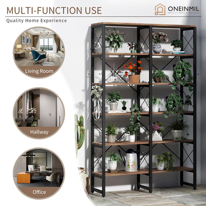 Double Wide 6-Tier Industrial Bookshelf with Metal Frame and Rustic Brown Finish - WoodArtSupply