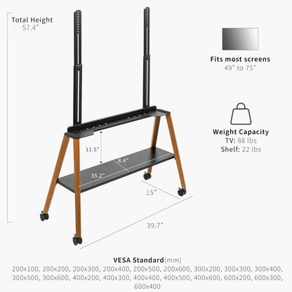 VIVO Rolling Artistic Easel 49 to 75 inch LED LCD Screen Mobile Studio TV Display Stand, Wood Accessory Shelf, Adjustable TV Mount with 4 Walnut Legs, Black Frame, STAND-TV75R