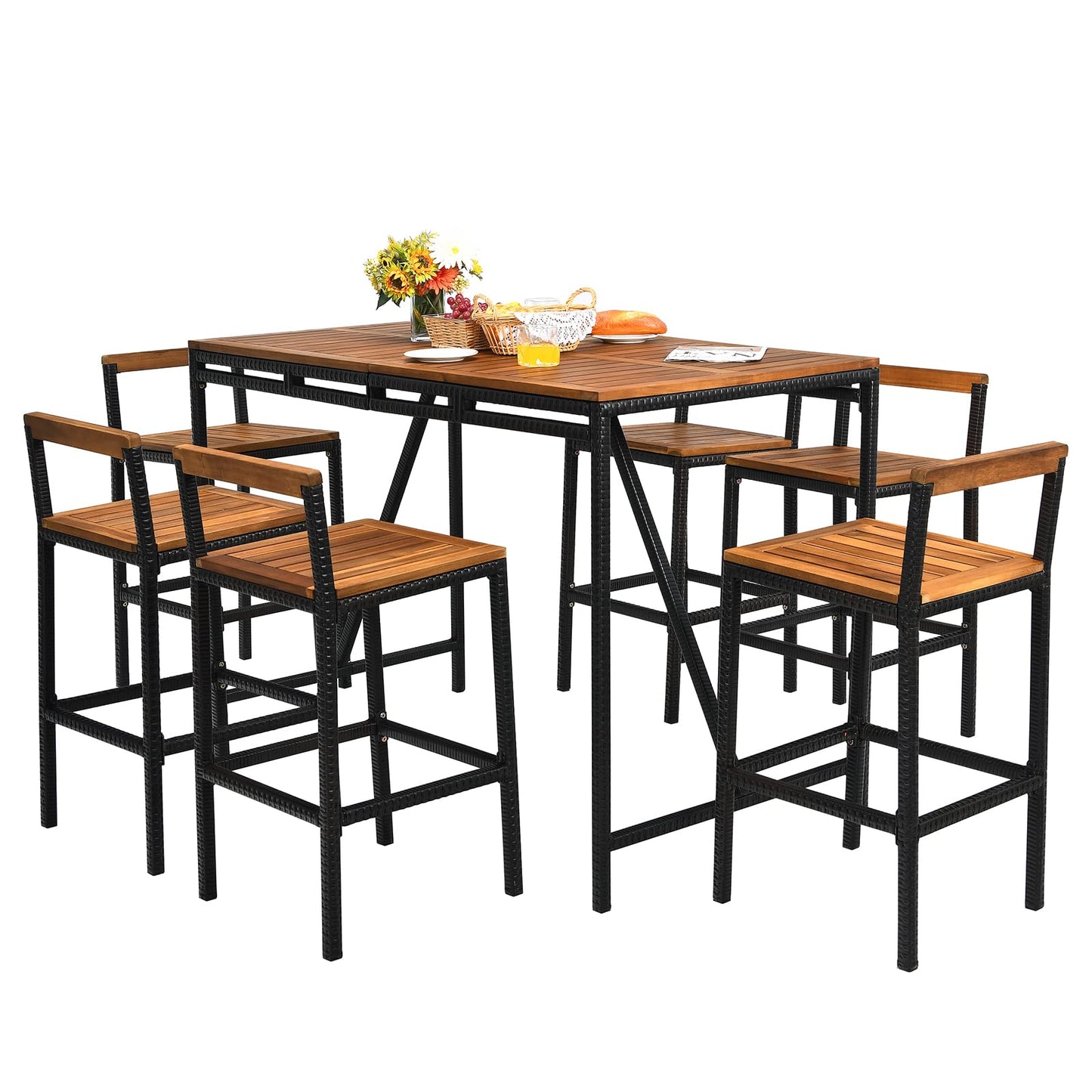 7-Piece HAPPYGRILL Acacia Wood Patio Bar Set with Umbrella Hole and 6 Ergonomic Stools