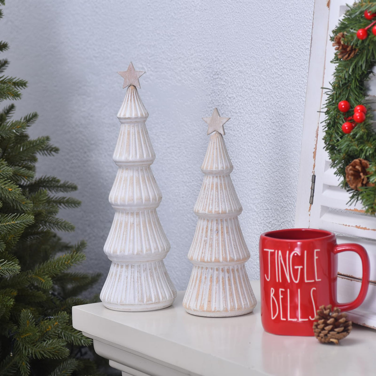 Wooden Christmas Tree Figurines with Removable Star, 2Pcs Distressed White Wood Christmas Trees, Rustic Xmas Centerpieces for Tables, Farmhouse Christmas Decor Indoor (White) Ovootok